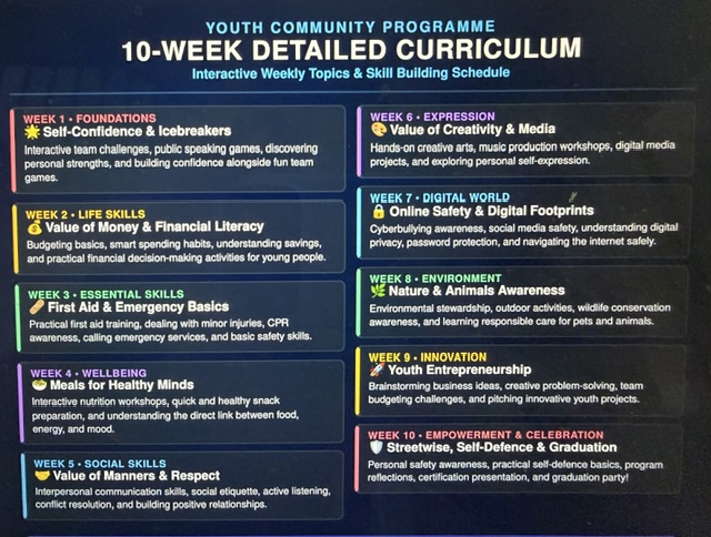 Springboard Youth Club 10-week youth community programme, showing weekly topics from confidence and icebreakers through life skills, first aid, healthy meals, manners and respect, creativity and media, online safety, nature and animals, youth entrepreneurship, and personal safety.