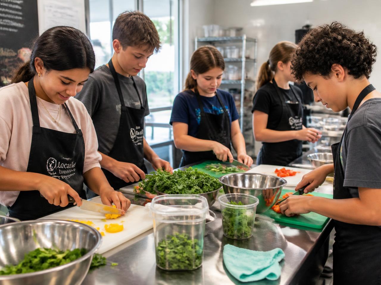 Young people preparing food together at a kitchen bench